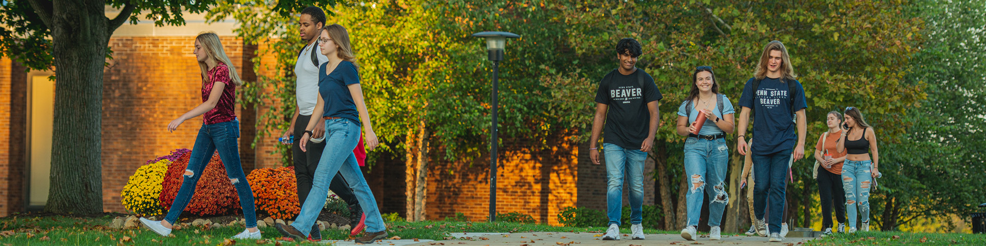 Groups of students walk across campus on a fall day.